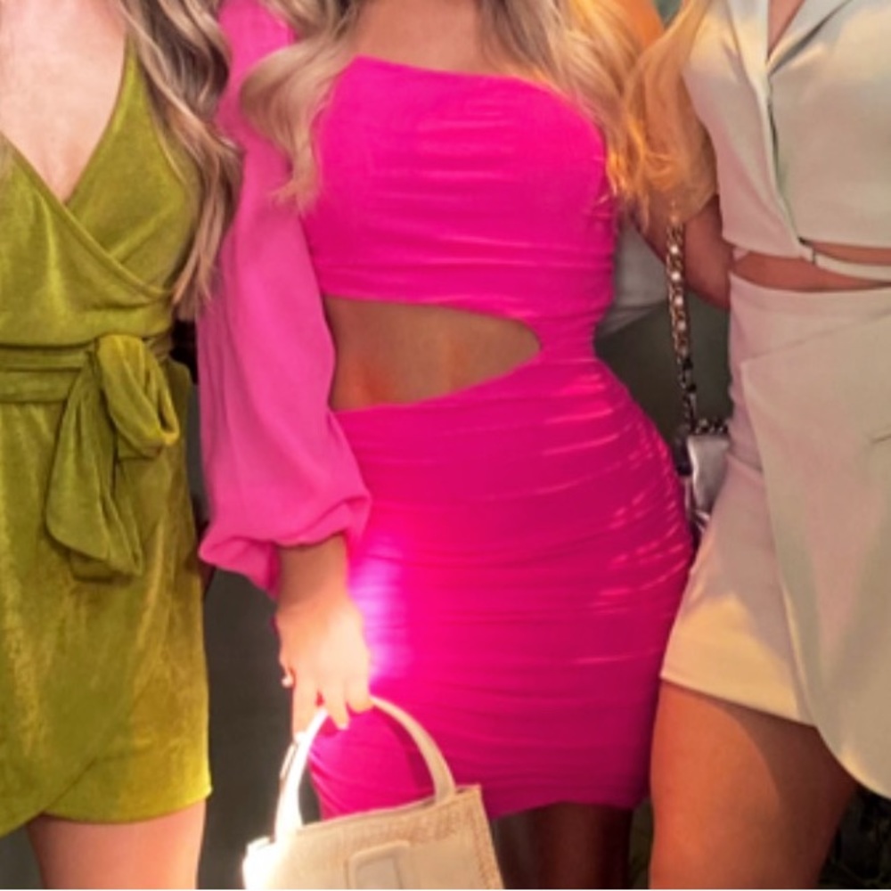 Pink mini dress with mesh sleeve XS